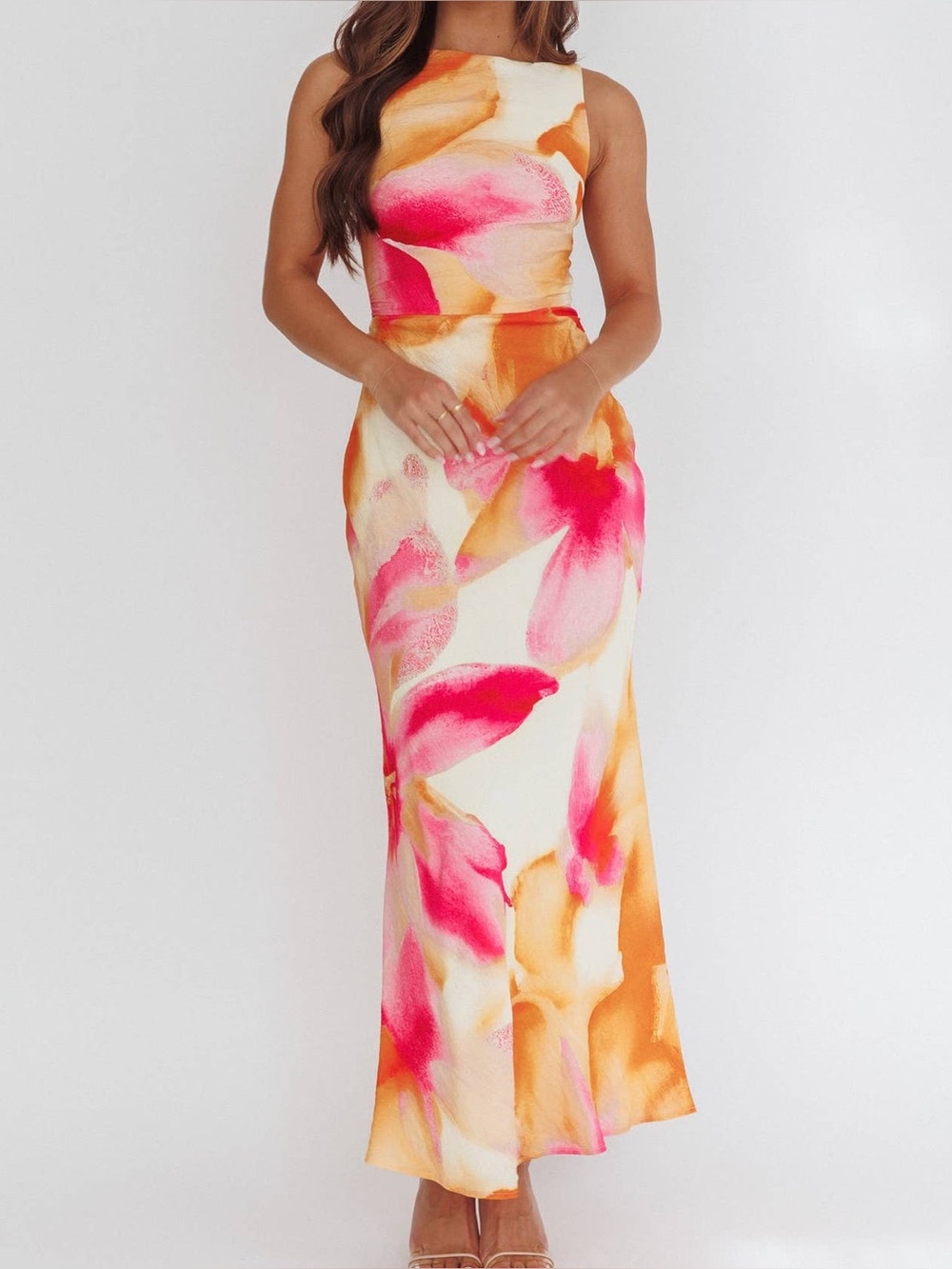 Bobbles & Lace Dress S Pink Orange Floral Backless Maxi Wedding Guest Luau